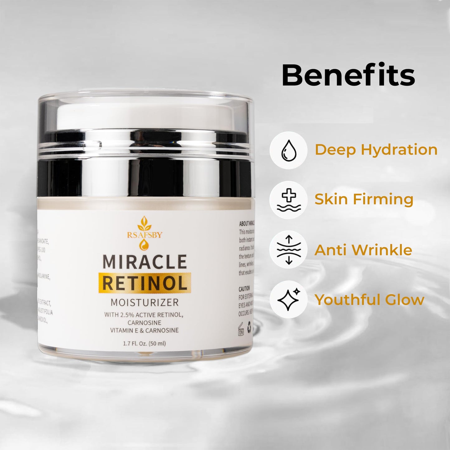 RSAFSBY Miracle Retinol Moisturizer – 2.5% Active Retinol, Vitamin E & Carnosine – Anti-Aging Face Cream for Fine Lines, Wrinkles & Dark Spots – Day & Night Hydrating Cream – 50ml