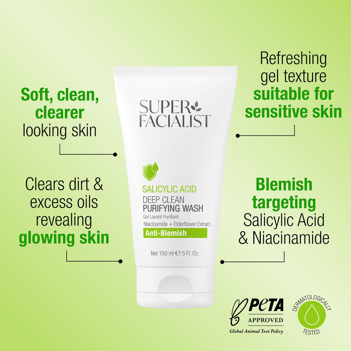 Super Facialist - Salicylic Acid Anti Blemish Purifying Cleansing Wash with Niacinamide (Vitamin B3), Face Cleanser & Face Wash for Clean and Clear Skin & Treat Acne, 150ml