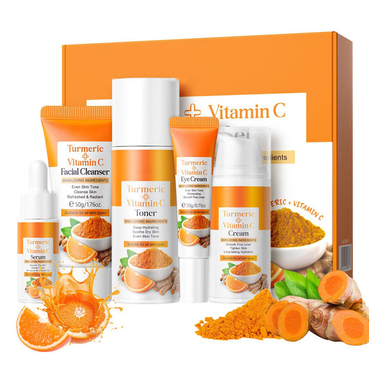 Weixinbuy Turmeric Vitamin C Skincare Set, 5 In 1 Women Gift Set Turmeric Face Cleanser Toner Serum Eye Cream and Face Cream, Even Skin Tone Anti Aging Skincare Gift Set (Turmeric + Vitamin C)