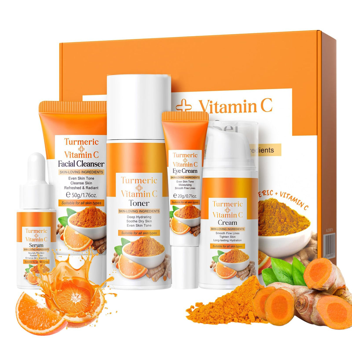 Weixinbuy Turmeric Vitamin C Skincare Set, 5 In 1 Women Gift Set Turmeric Face Cleanser Toner Serum Eye Cream and Face Cream, Even Skin Tone Anti Aging Skincare Gift Set (Turmeric + Vitamin C)