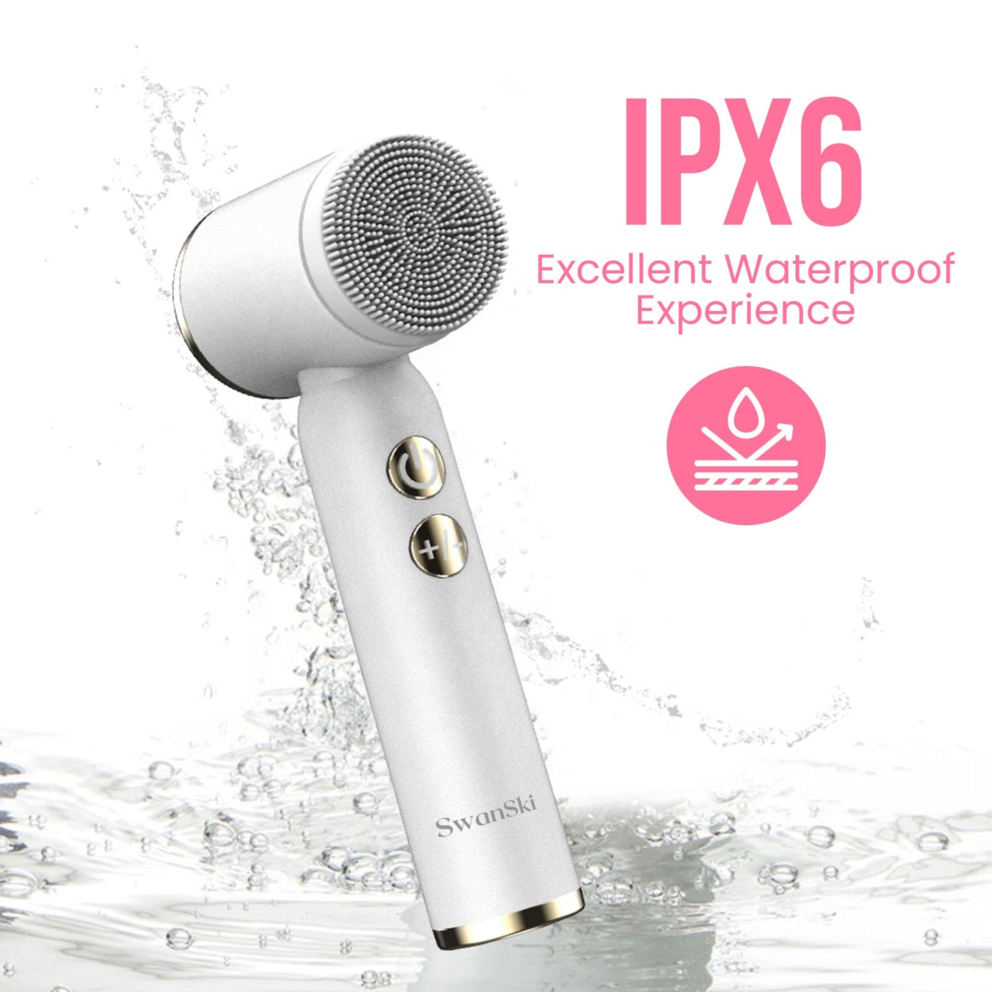SwanSki Facial Cleansing Brush - Electric Spin Scrubber with 3 Exfoliating Brush Heads - 3 Speed Levels, LCD Display - Waterproof Facial Brush - Rechargeable Facial Cleanser - Face Scrubber (White)