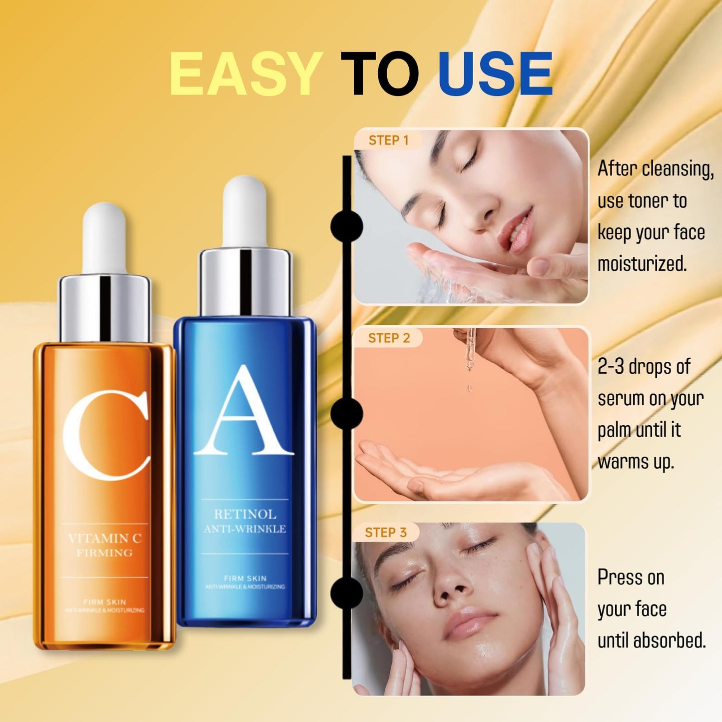 Anti Aging Serum Hyaluronic Acid Serum Duo Set - Vitamin C AM. & Retinol PM. - Collagen Boost, Anti-Wrinkle, Anti-Aging, Dark Circle, Sun Damage, Brighten Hydrate Face Serum, Korean Skin Care