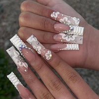 Angwis 24pcs Extra Long Square French White Tip Press on Nails With Rhinestone Flower - Removable Glue-on Full Cover Fake Nails for Women - Bridal Nail Art Accessories