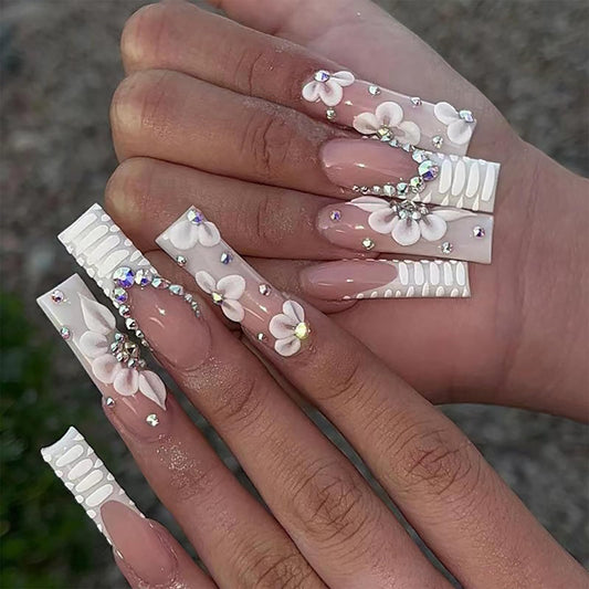 Angwis 24pcs Extra Long Square French White Tip Press on Nails With Rhinestone Flower - Removable Glue-on Full Cover Fake Nails for Women - Bridal Nail Art Accessories