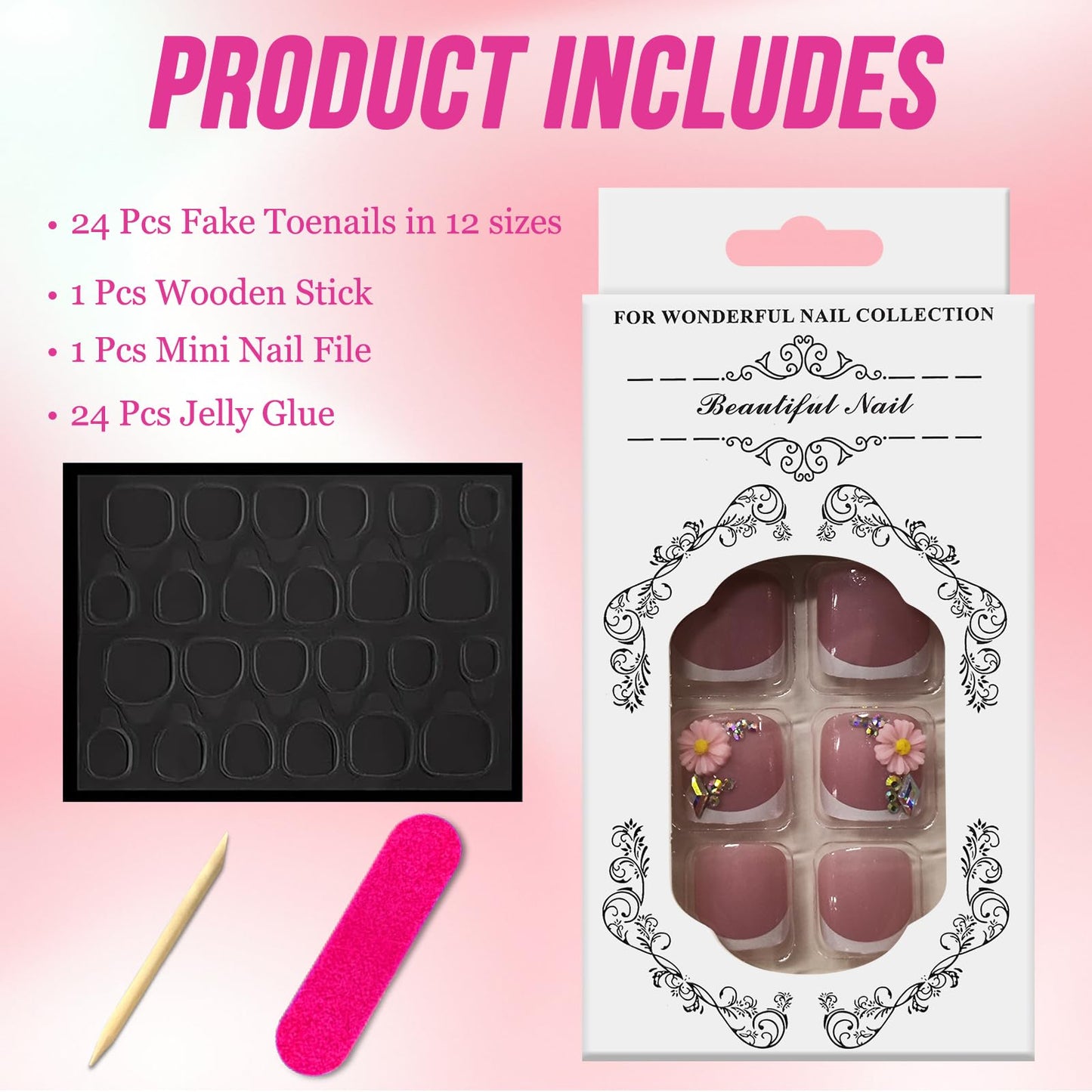 Ceboic Pink Flowers French Press on Toenails Short Square, Spring Summer Glitter Fake Toe Nails with Rhinestones Designs, Full Cover Beach False Toenails, Cute Acrylic Gel Glue on Toe Nails for Women 24Pcs