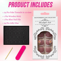 Ceboic Pink Flowers French Press on Toenails Short Square, Spring Summer Glitter Fake Toe Nails with Rhinestones Designs, Full Cover Beach False Toenails, Cute Acrylic Gel Glue on Toe Nails for Women 24Pcs