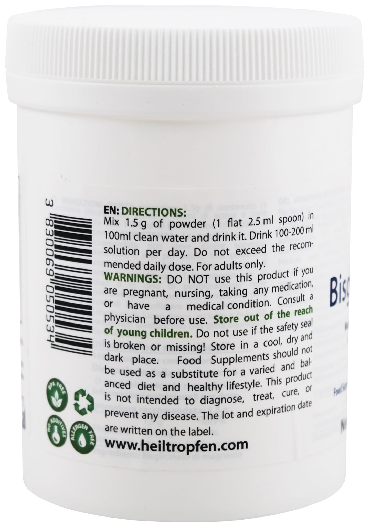 Magnesium glycinate as Magnesium bisglycinate | 0.55 lb – 250 g | Crystal Powder Soluble in Water | Heiltropfen®