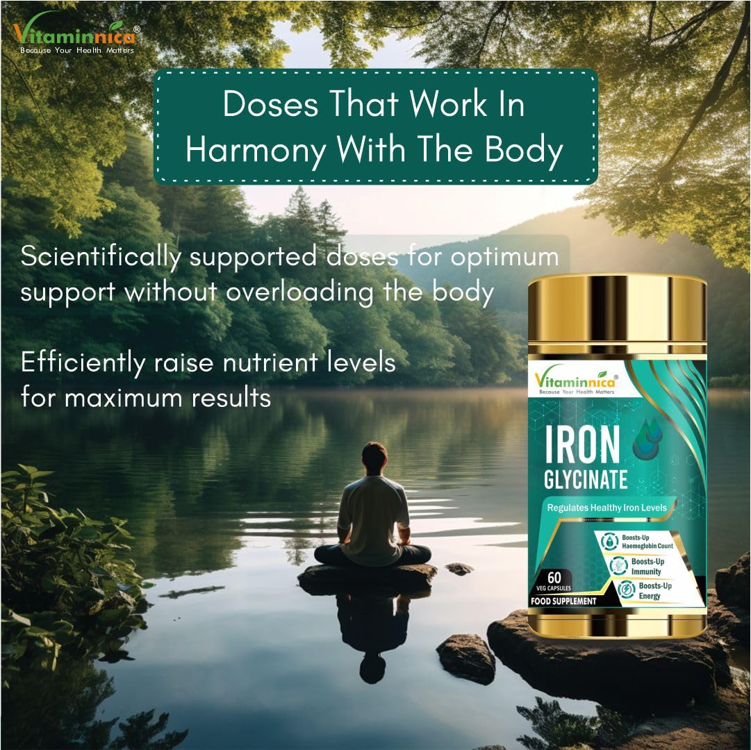 Vitaminnica Because your Health Matters Vitaminnica Iron Glycinate with Vitamin C | Pack of 60 Capsules | Healthy Iron Level for Men & Women