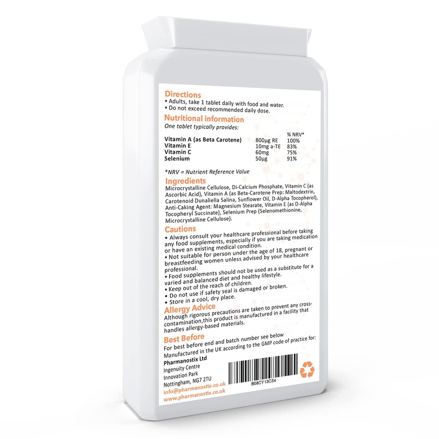 Pharmanostix Selenium ACE with Vitamins A, C & E – 365 Vegan Tablets – 12 Month Supply – for Maintenance of Normal Hair, Nails & Immune System – Made in UK
