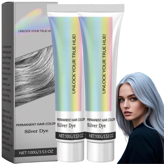 2PCS Metallic Silver Gray Hair Dye,2 In 1 Natural Essence Extract Silver Hair Dye,Silv/er Gray Natural Ha/ir Dye Cream,Perment Hair Color Silv/er Dye,Grey Semi-Permanent Hair Colour,Sil/ver Grey Colou