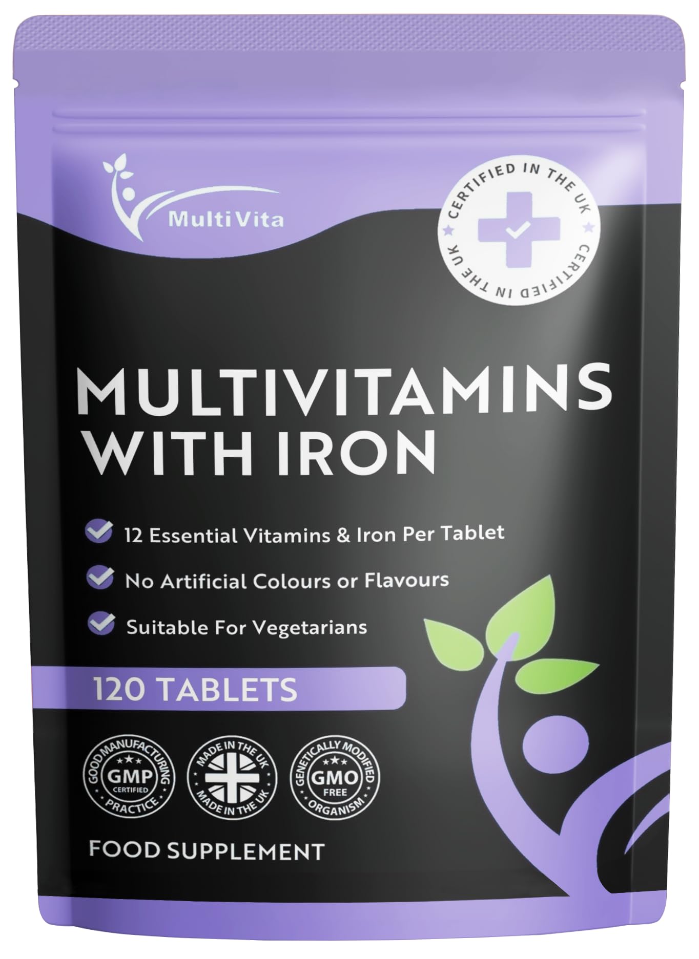 Multivita Multivitamins with Iron – 12 Essential Vitamins & Iron – Immune, Energy & Skin Support – 1-a-Day for Men & Women – 120 Tablets – 4 Month Supply – Vegetarian – Made in UK