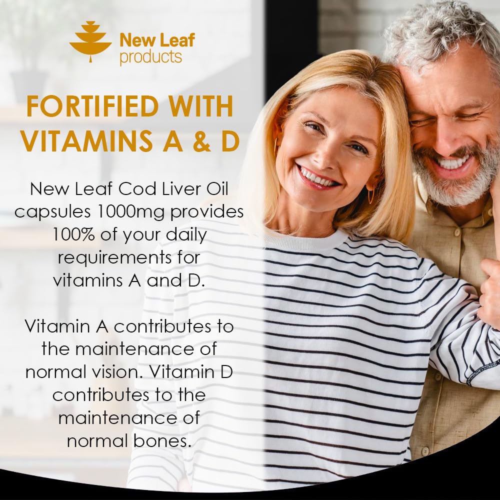 Cod Liver Oil Capsules 1000mg - 90 Cod Liver Capsules High Strength Softgels- Cod Liver Oil Rich in Omega 3 EPA DHA Fatty Acids + Vitamins A & D, High Strength Fish Oil - UK Made, by New Leaf