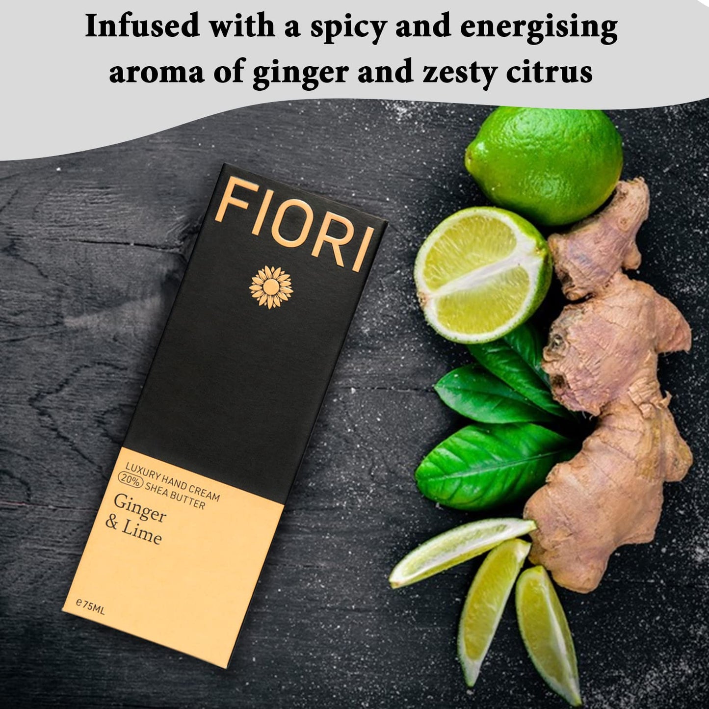 Fiori Ginger & Lime Hand Cream (75ml) - Moisturizing Dry Hand Cream with Organic Shea Butter & Aloe Vera - Vegan Hand Moisturizer - Nourishing Hand Lotion - Luxurious Hand Care