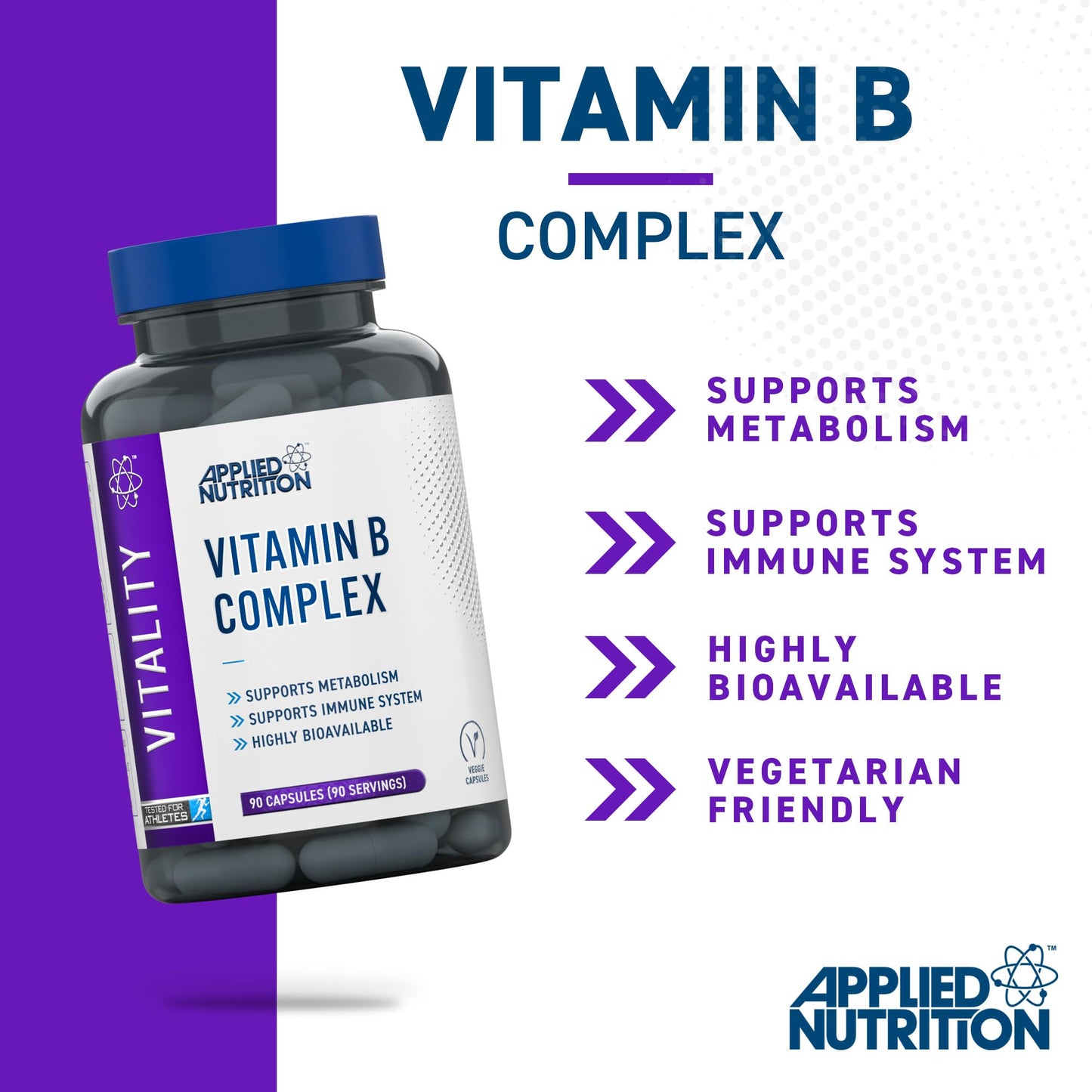 Applied Nutrition Vitamin B Complex High Strength, 90 Vegan Capsules, B1, B2, B3 Niacin, B5, B6, B7 Biotin, B9 Folic Acid, B12, with Choline, Inositol, PABA, Energy and Immune Support, Halal, UK Made