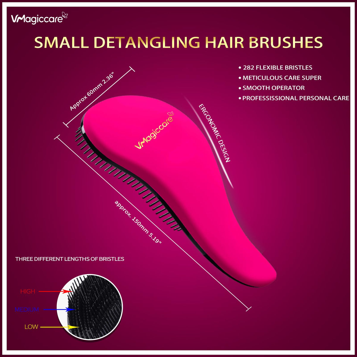 VMAGIC CARE Detangling Hairbrush - glide the Detangler Hairbrush through Tangled hair Best Brush Comb for Women, Girls, Men & Boys - Use in Wet and Dry Hair (Purple Big + Rose Red Small)