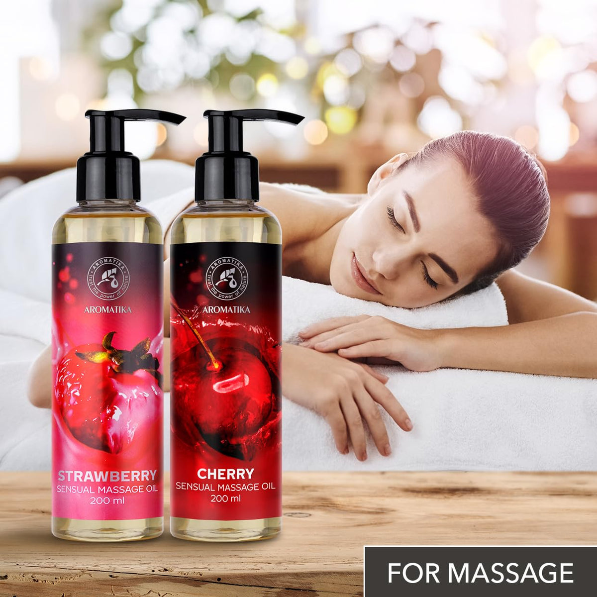 AROMATIKA trust the power of nature Sensual Massage Oil Set 2 x 200ml - Strawberry & Cherry - Blend of Almond and Grapeseed Oils - Edible & Kissable Massage Oil - Body Oil for Him & Her - for Couples - Romantic Gift - Relaxing Oil