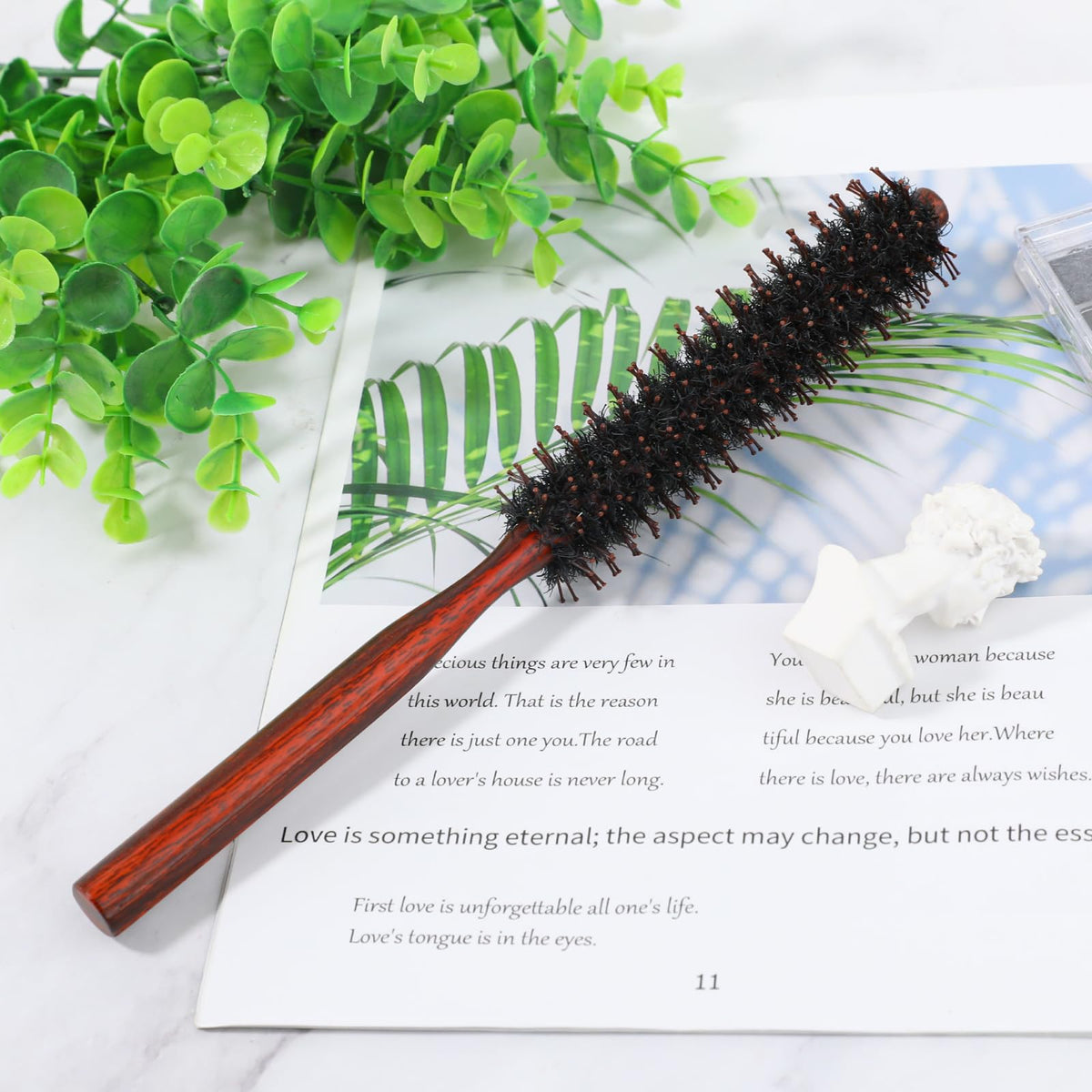 Mozeat Lens Boar Bristle Hair Brush, Small Round Brush Blow Drying Brush Styling Hair Brush with Nylon Pin and Natural Wooden Handle,Soft Bristle Hair Brush for Straightening Curling Volumizing and Detangling