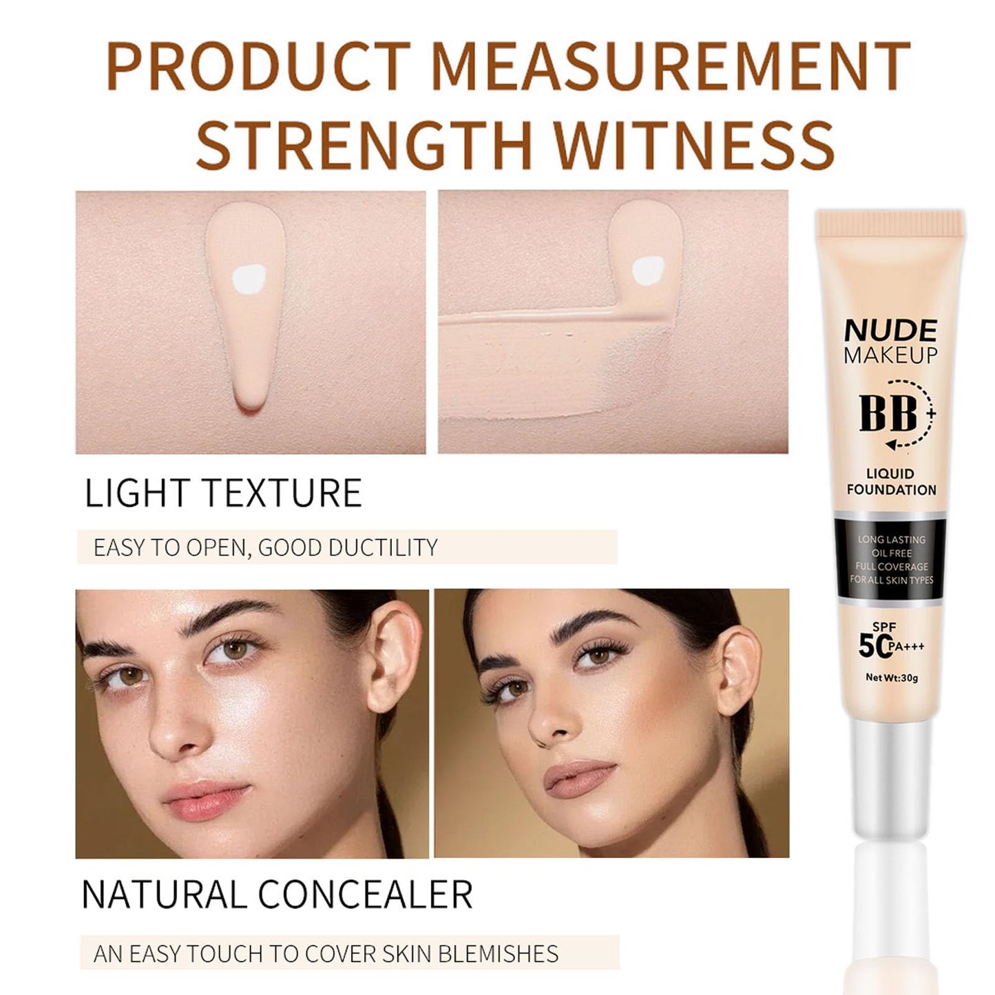 LYNTYAOU BB Cream Foundation, Even Skin Tone Color Correcting Cream Moisturizing Concealer Makeup Base, Lightweight Foundation Anti-Redness Silky Smoothing Foundation (Natural)