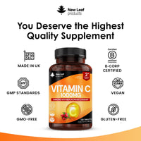 NEW LEAF PRODUCTS Vitamin C Tablets 1000mg - Enriched with Bioflavonoids & Rosehip - Premium Vitamin C Supplements - Vegan Tablets High Strength Ascorbic Acid VIT C for Normal Immune System UK Made