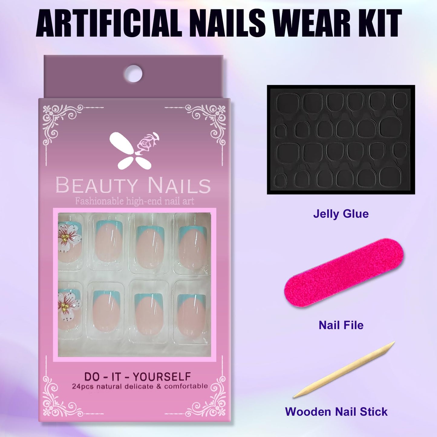 Viugex 24Pcs Blue French Tip Press on Nails, Acrylic False Nails Short Square Glossy Fake Nail Kit, Natural Glue on Nail with 3D Flowers, Reusable Gel Stick on Nails for Women Girls Manicure Art