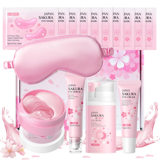 LAIKOU Sakura Eye Care Gift Set, 5-in-1 Eye Treatment Set with Serum, Cream, Day & Night Cream, Sleeping & Under Eye Mask for Dark Circles, Puffiness & Fine Lines, Day & Night Routine