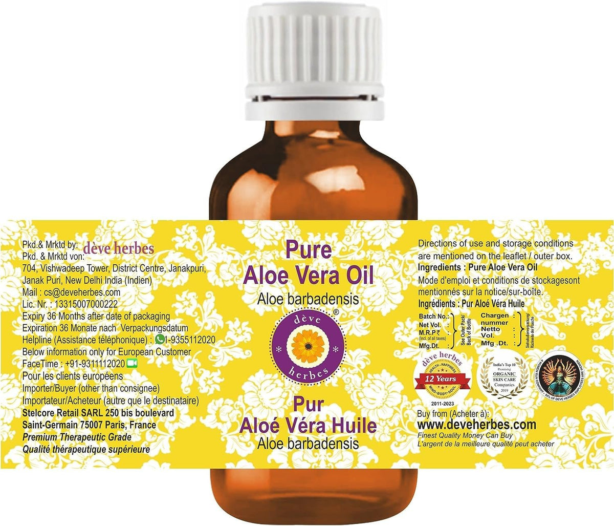 Deve Herbes Pure Aloe Vera Oil (Aloe barbadensis) Non-Sticky | Non-Greasy | For Skin, Hair, Massage & DIY Use 10ml