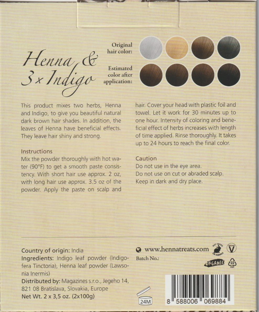 INDIAN NATURAL HAIR CARE Henna & 3xIndigo Powder - Dark Brown Hair Dye - Fresh & Pure Organic - 200g - Indian Natural Hair Care