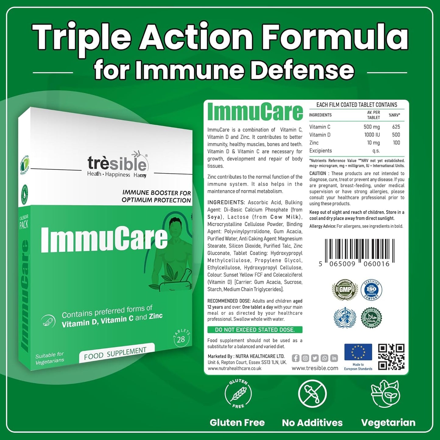 Tresible Vitamin C and Zinc Tablets for Immune Support (12 Weeks Supply) - Easy to Swallow Vitamin D, Zinc and Vitamin C Tablets to Improve Bones and Muscles Health - 84 Vegetarian Tablets for Adults