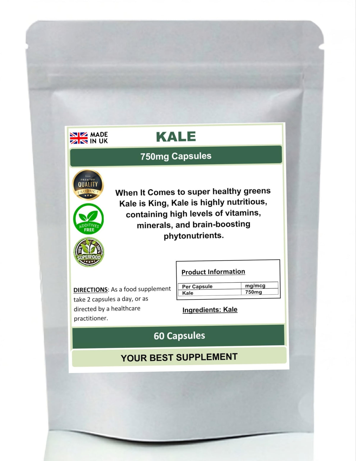 Your Best Supplement Kale Capsules 750mg 100% Natural (Pure no additive or fillers) Superfood, Detox (60)