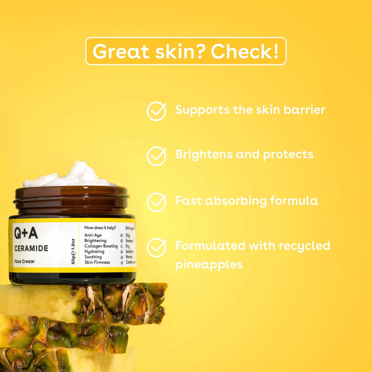 Q+A Ceramide Barrier Defence Face Cream (50g), Hydrating Moisturiser with Pineapple Ceramides, Pro Vitamin E and Squalane, Natural Face Care, Fragrance Free Skincare, Brightening Face Cream