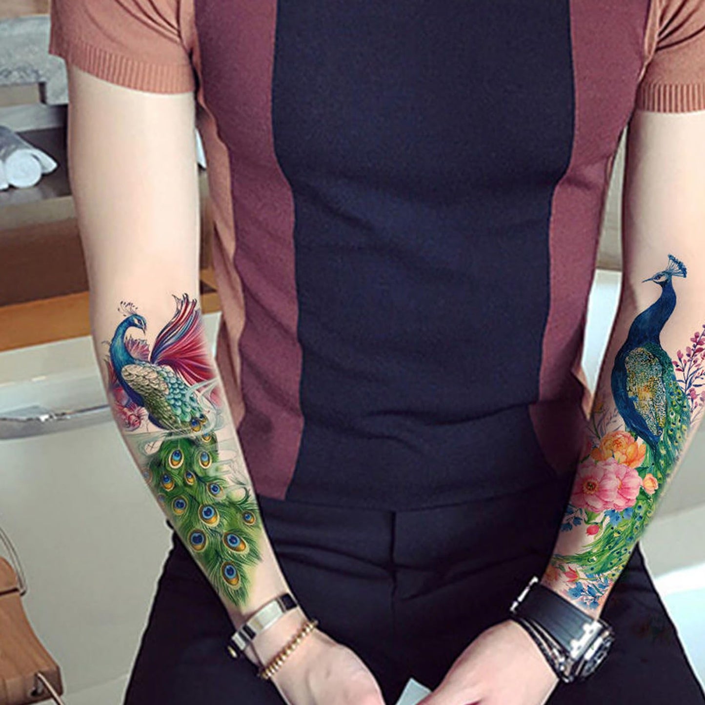 Nirbffo Large Temporary Tattoos Peacock Flowers Legs Arm Belly Back Waterproof Sticker 4 Sheets
