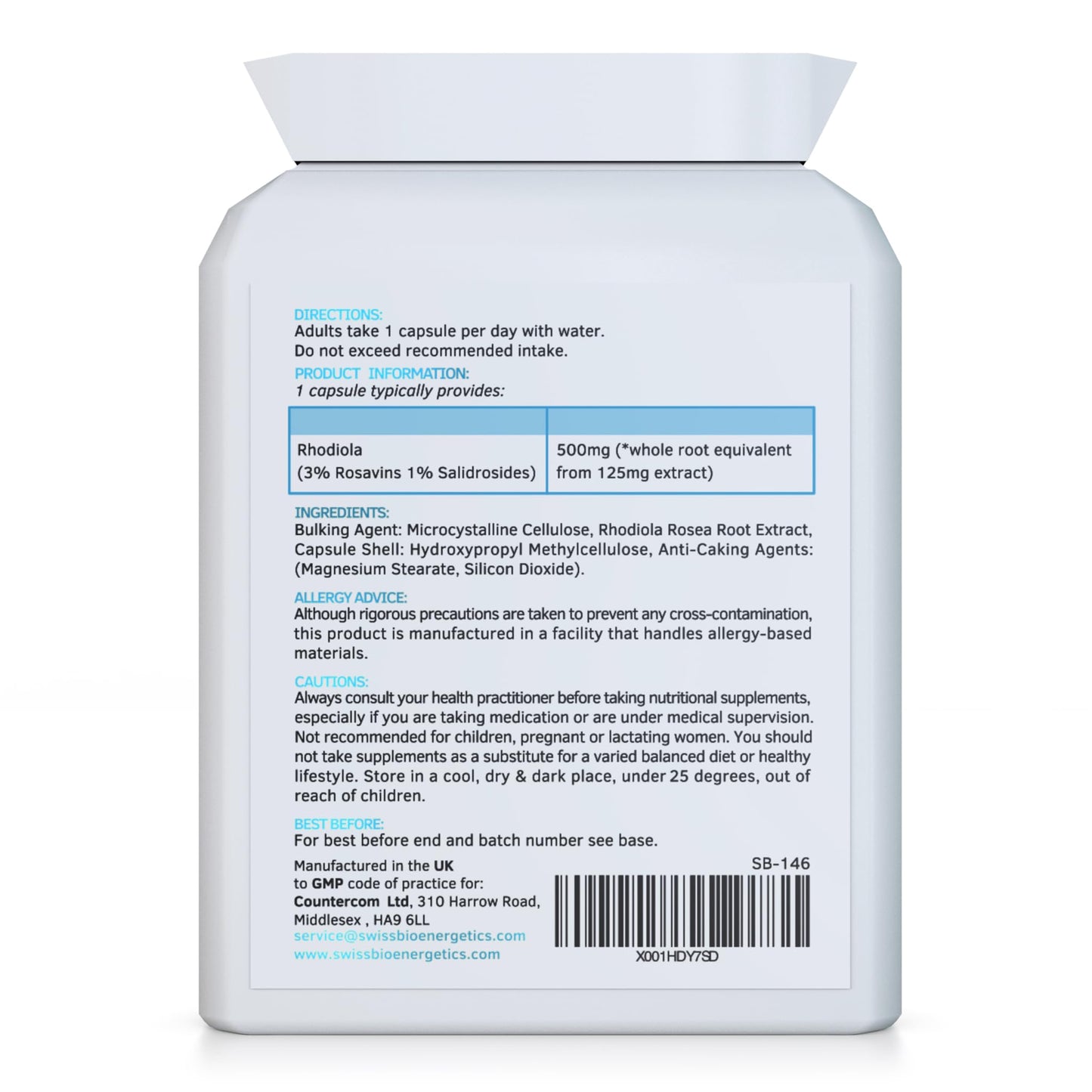 swiss bioenergetics Rhodiola 500mg (3% Rosavins - 1% Salidrosides) Whole Root Equivalent – 60 Capsules - Suitable for Vegetarians and Vegans