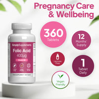 Simply Supplements Folic Acid 400µg (Vitamin B9) | 360 Vegan Tablets | 12 Months' Supply