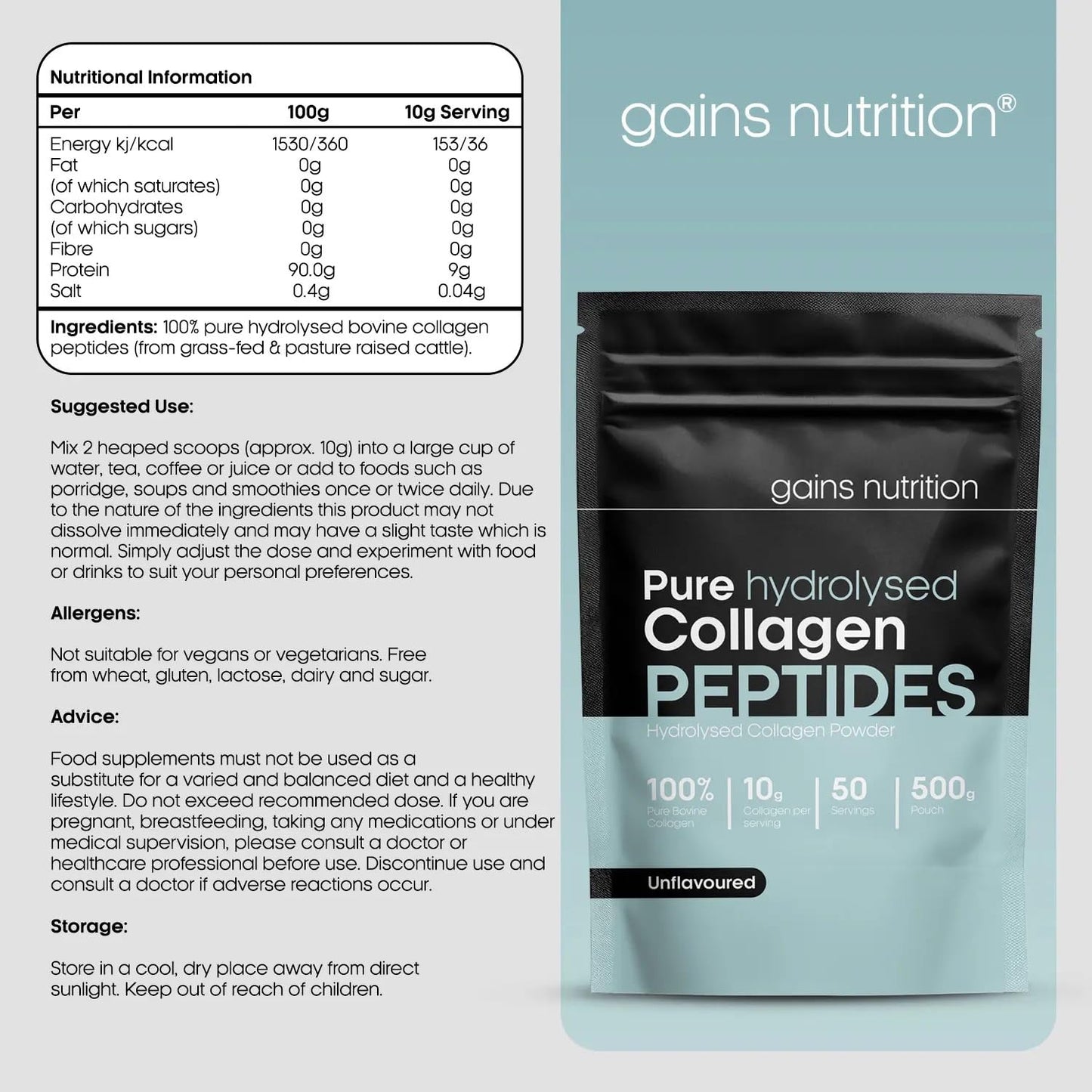 Gains Nutrition GN Collagen Peptides Powder | Hydrolyzed Bovine Collagen Powder - 500g Collagen Supplements | Unflavoured & Unsweetened Collagen Supplements for Women & Men with Essential Amino Acids | Allergen Free