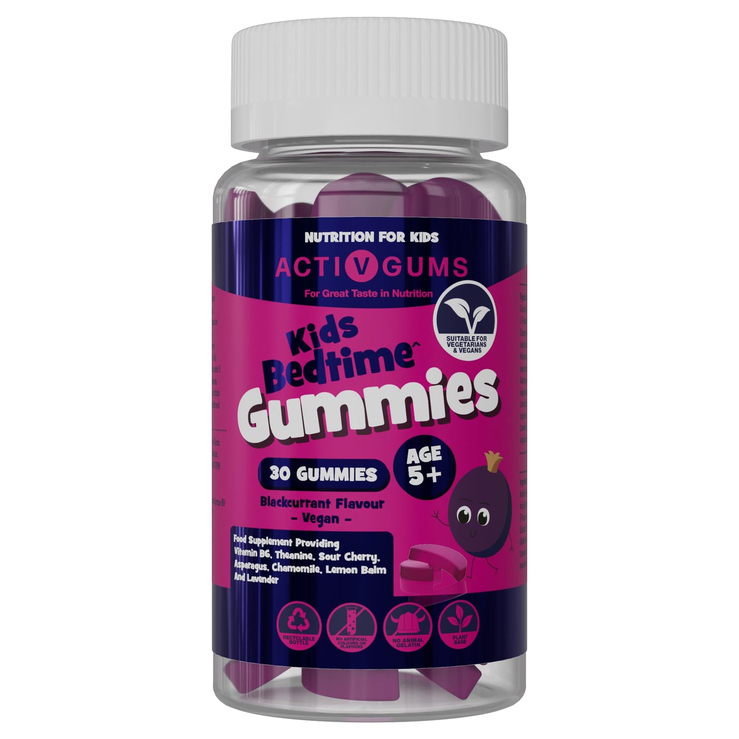 Activ Gums Kids Bedtime 30 Vegan Gummies. Blackcurrant Flavour. for Sleep & Improved Rest. Vitamin B6 with L-Theanine, Montmorency Cherry and Essential Oils. Melatonin & 5-HTP Free. for Ages 5+ by ActivGums®