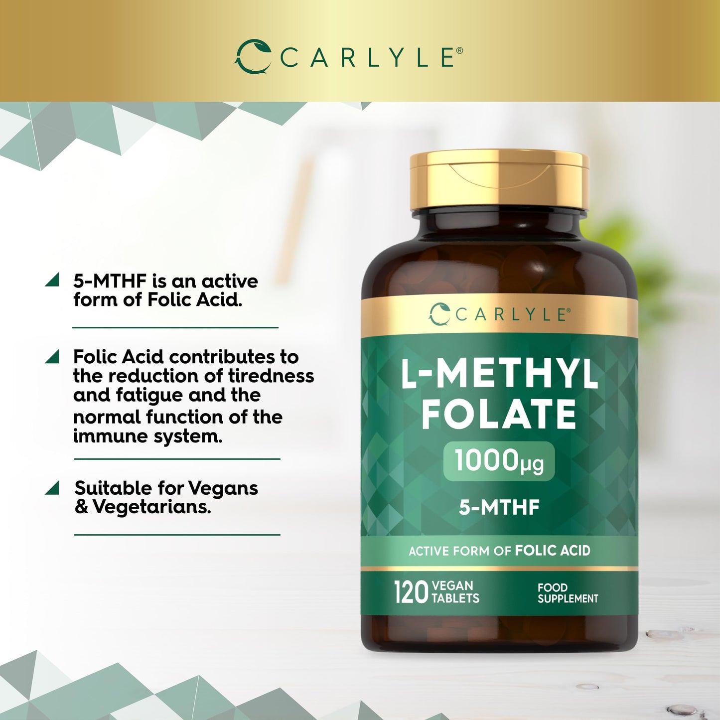 L Methlyfolate 1000ug | 120 Vegan Tablets (4 Months Supply) | Active Form of Folic Acid | 5-MTHF | No Artificial Preservatives | by Carlyle