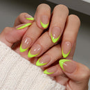 KQueenest French Tip False Nails with Glue, Neon Green Press on Nails Short Almond, Natural Nude Fake Nails Press ons Stiletto, Reusable Vibrant Lime Soft Gel Stick on Nail for Women, 30 Pcs