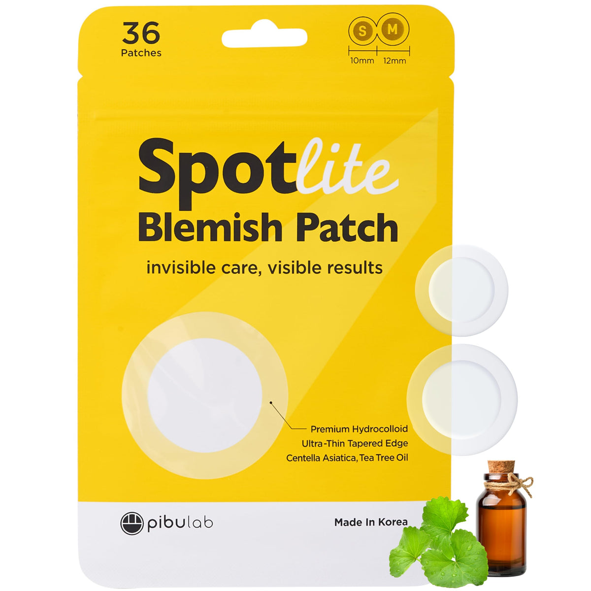 PIBULAB SpotLite Pimple Patches – Pack of 36, CICA & Tea Tree Oil Hydrocolloid Spot Patches, Invisible Face Dots for Spot & Acne Treatment, Fast-Acting, Korean Skincare, Stocking Filler Gift Idea, 10 & 12mm