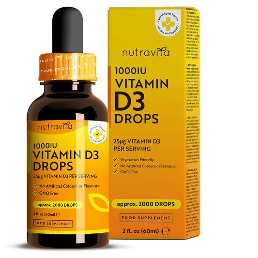 Vitamin D3 Drops 60ml (2000 Drops) – Vitamin D 1000IU per Drop – Flexible Dose of Liquid Vitamin D Supplement – Supports Normal Bones, Immune System & Calcium Absorption - Made by Nutravita