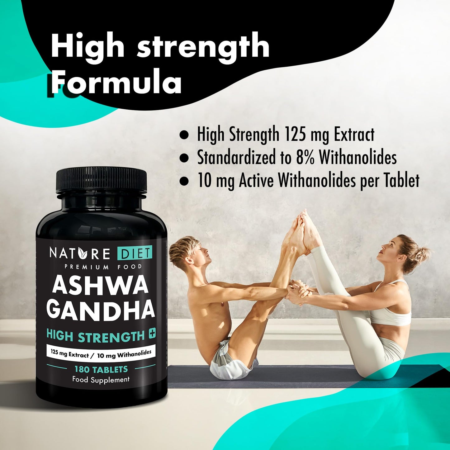 Ashwagandha High Strength Plus | 125 mg Root Extract with 10 mg Withanolides | 180 Vegan Tablets | 6-Month Supply | Supports Stress & Anxiety Relief, Better Sleep, and Energy Balance | by Nature Diet