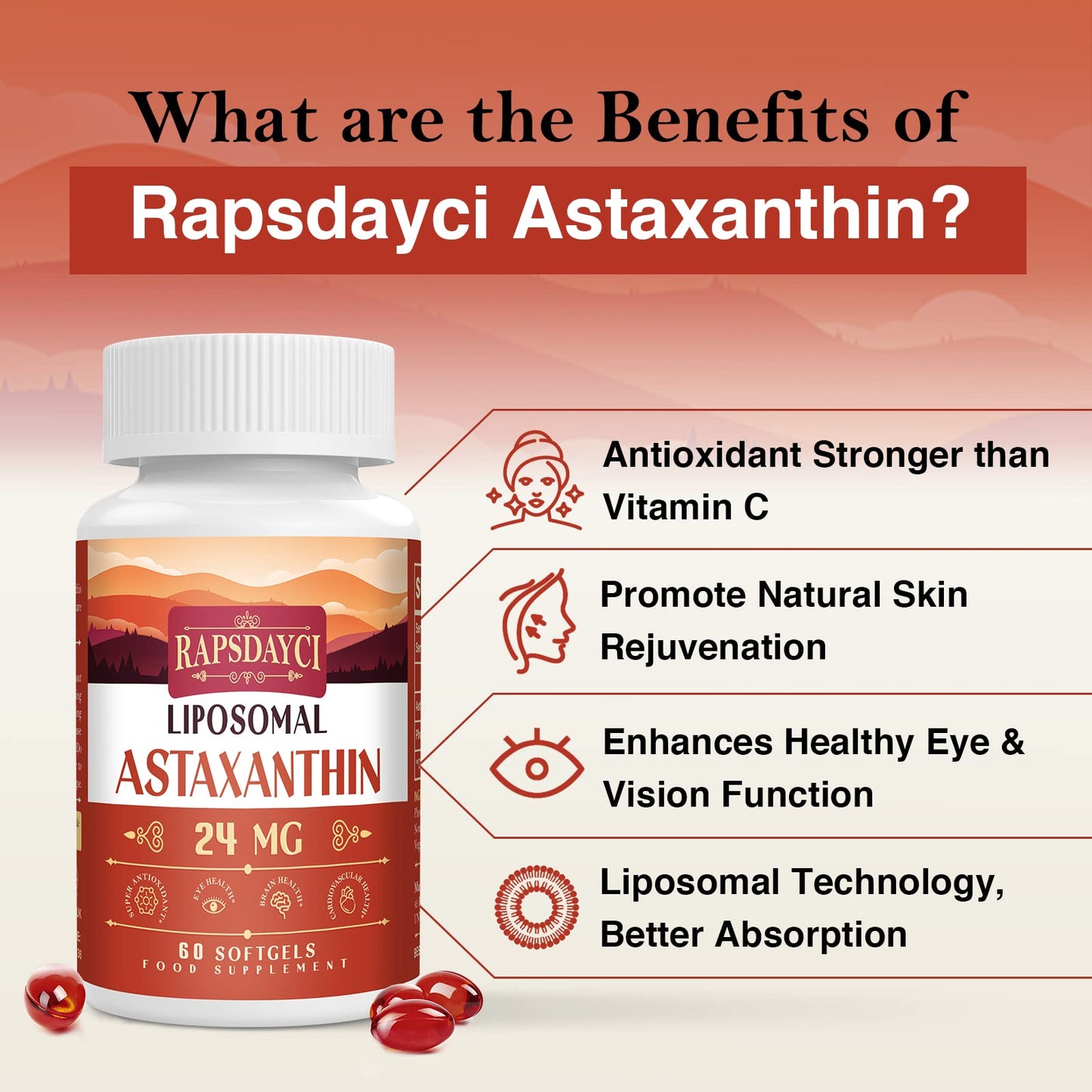 Liposomal Astaxanthin Supplement 24mg Per Serving, Powerful Antioxidant Formula Than VIT C, Eye & Immune Health Support, Superior Absorption (180 Count (Pack of 3))