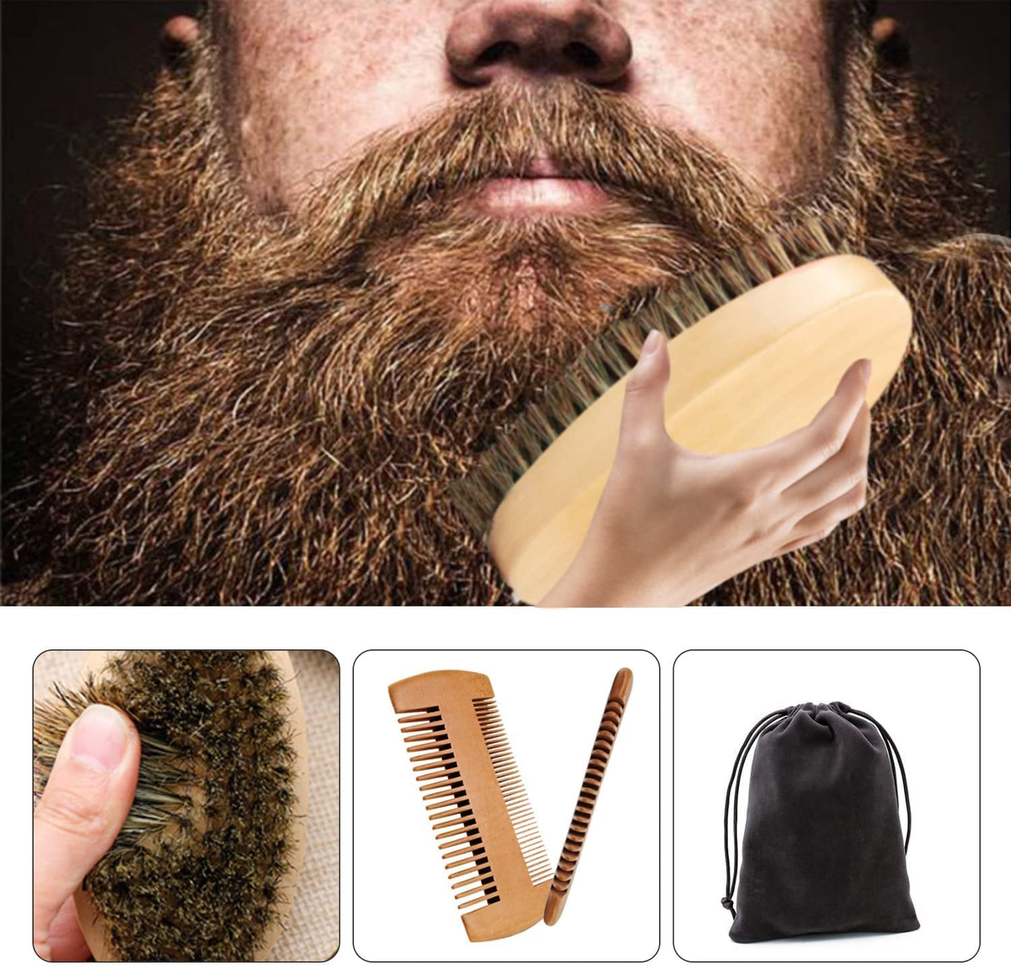 NEESTARTLY Beard Comb Brush Set, Wooden Boar Bristle Beard Brush, Anti Static Moustache Pocket Comb, Portable Hair Comb for Combing Beard Hair, Removing Debris, Massages Face