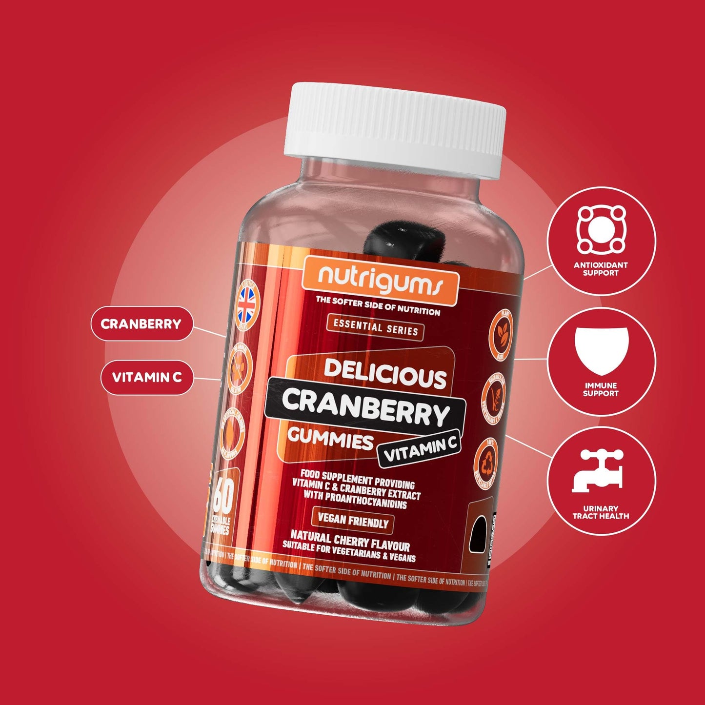 Nutrigums Cranberry Gummies 9000mg High Strength Extract | 25% Proanthocyanidins (PACs) | 60 Vegan Cherry Gummies | with Vitamin C 80mg | Antioxidant & Immune Support Supplement | by NUTRIGUMS®