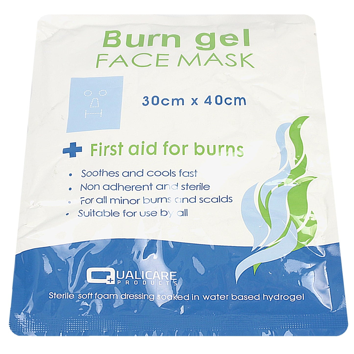Qualicare Burn Gel Face Mask 30cm x 40cm - Sterile Soft Foam Dressing Soaked in Water-Based Hydrogel