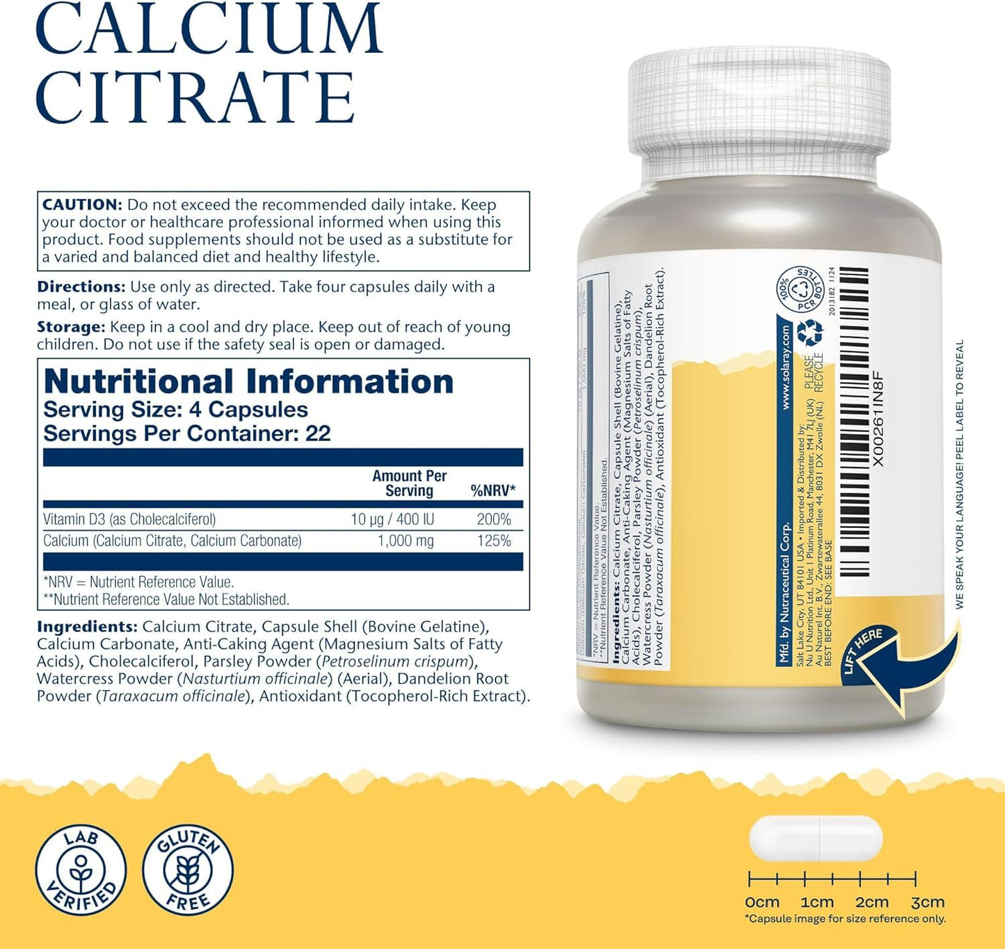 SOLARAY Solaray Calcium Citrate with Vitamin D - 90 Capsules - 1000mg Calcium as Citrate and Carbonate & 400 IU Vitamin D3 - Supports Bones, Teeth & Muscle Function - Highly Absorbable - Lab Verified