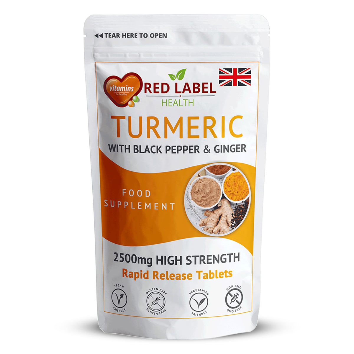 Red Label Health Turmeric 2620mg - 200 Tablets with Black Pepper and Ginger - High Strength Turmeric Supplements Not Turmeric Capsules - 95% Curcumin | Vegetarian | Vegan | Made in UK.
