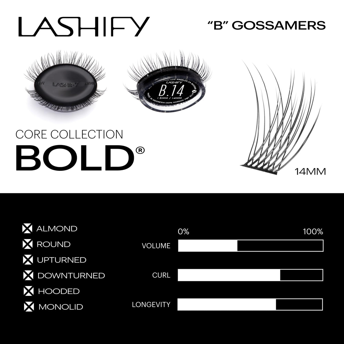 Lashify Bold 14mm Gossamer DIY Eyelash Extensions Refill, Black, Easy False Eyelashes for a Natural Look