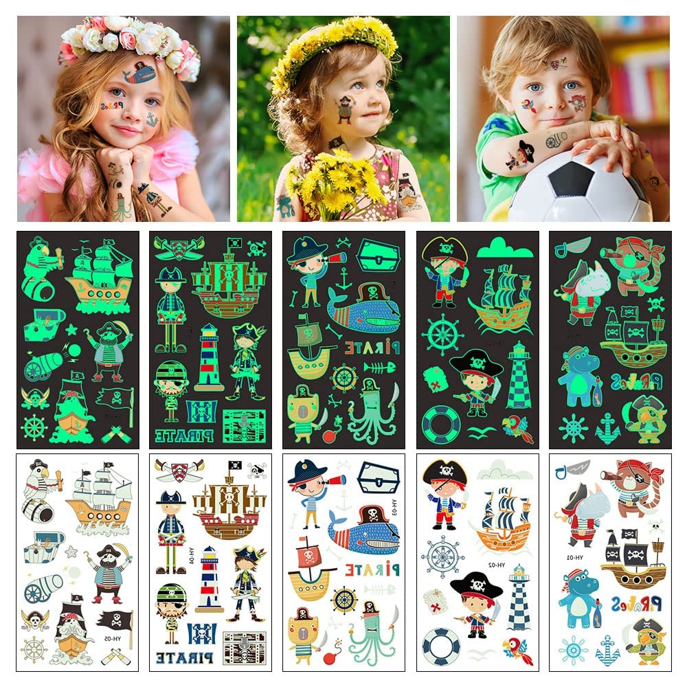 Aomig AOMIG Temporary Tattoo for Kids, 10 Sheets Glow In The Dark Cartoon Pirate Tattoo Stickers, Waterproof Luminous Fake Tattoo Stickers Set for Boys Girls Birthday Gift Party Bag Filler