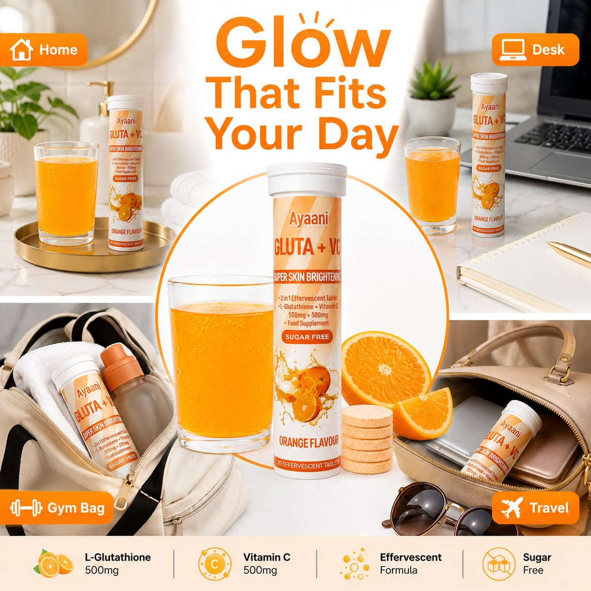 Ayaani Glow Orange Glutathione Beauty Drink | 1000mg Gluta + C with Glutathione 500mg + Vitamin C 500mg | Skin Glow, Brightening, Radiance & Even Tone | Zero Sugar, No Fillers | 20 Tablets