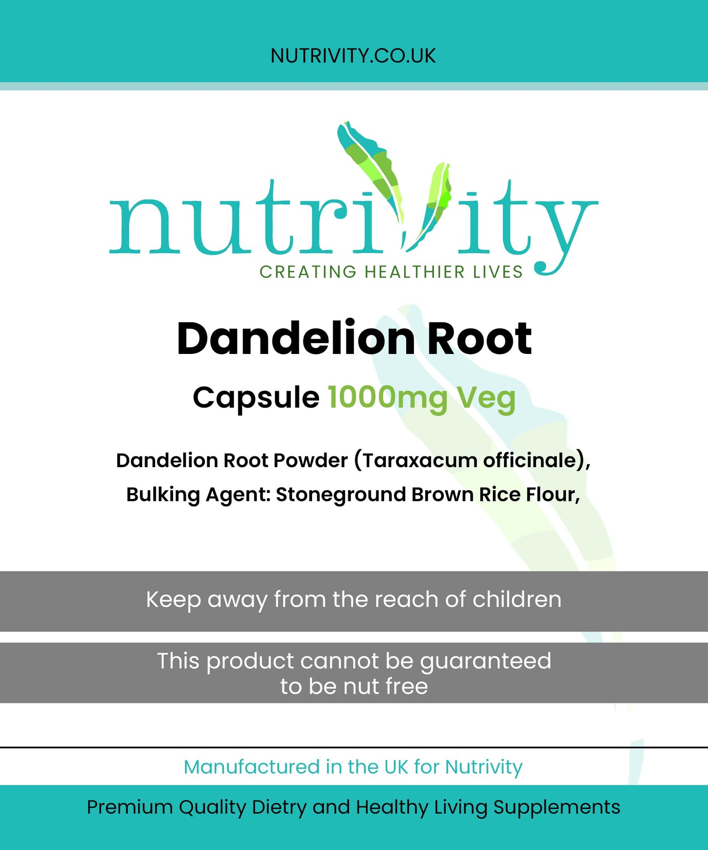 Dandelion Root 1000mg Veg Capsules Power Minerals, Vitamin Rich by Nutrivity (30)
